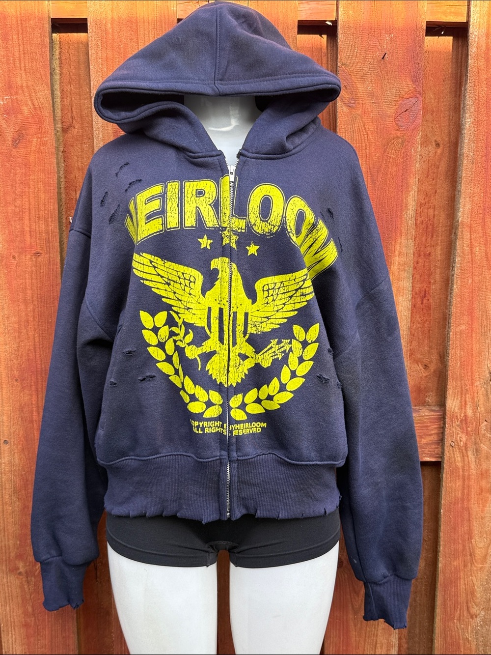HEIRLOOM Inherited Greatness Zip Up Hoodie Navy Neon Yellow Distressed Size XS